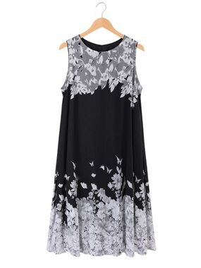 Black Gray Floral Butterfly Midi Dress Sleeveless A-Line Plus Size 3XL Feminine